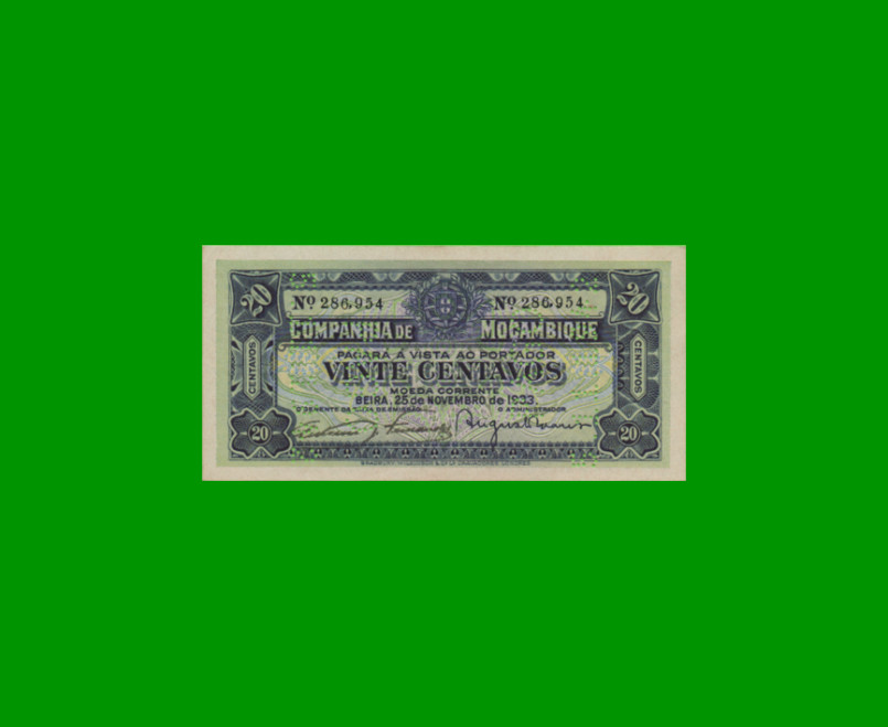 BILLETE DE MOZAMBIQUE 20 CENTAVOS, PICK R29, AÑO 1933 ESTADO EXCELENTE+ .-