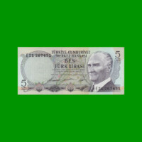 BILLETE DE TURQUIA 5 LIRAS, PICK 179, AÑO L. 1930 (1968), ESTADO SIN CIRCULAR.-