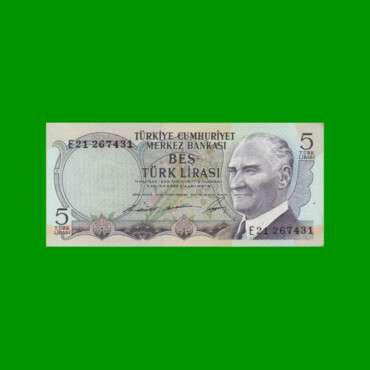 BILLETE DE TURQUIA 5 LIRAS, PICK 179, AÑO L. 1930 (1968), ESTADO SIN CIRCULAR.-