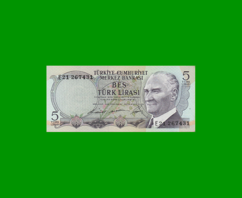 BILLETE DE TURQUIA 5 LIRAS, PICK 179, AÑO L. 1930 (1968), ESTADO SIN CIRCULAR.-