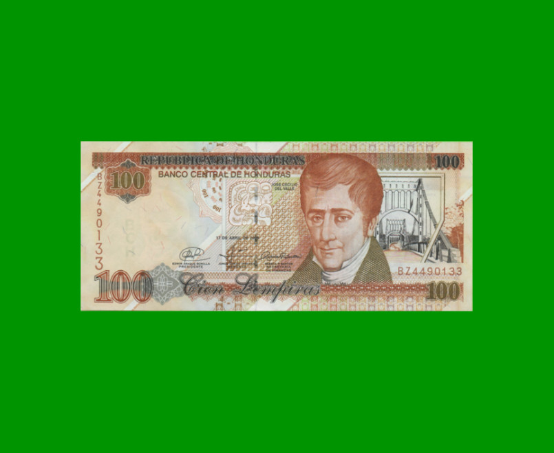 BILLETE DE HONDURAS 100 LEMPIRAS, PICK 77h, AÑO 2008 ESTADO SIN CIRCULAR.-