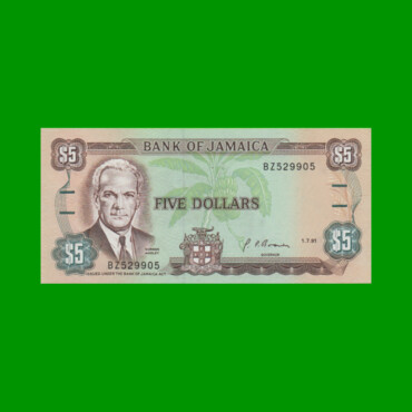 BILLETE DE JAMAICA 5 DOLARES PICK 70d, AÑO 1991 ESTADO SIN CIRCULAR.-