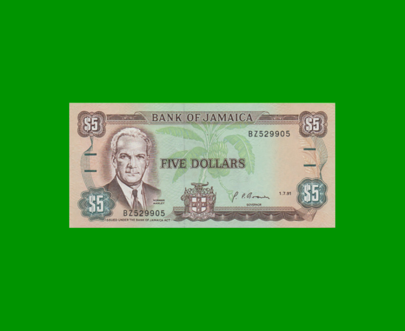 BILLETE DE JAMAICA 5 DOLARES PICK 70d, AÑO 1991 ESTADO SIN CIRCULAR.-