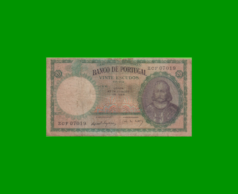 BILLETE DE PORTUGAL 20 ESCUDOS, PICK 153b, AÑO 1959 ESTADO BUENO.-