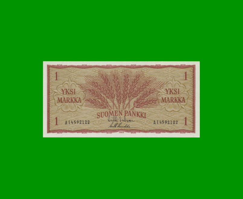 BILLETE DE FINLANDIA 1 MARKKA, PICK 98, AÑO 1963 ESTADO SIN CIRCULAR.-