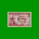 BILLETE DE ISLANDIA 5 KRONUR, PICK 37, AÑO 1957 ESTADO EXCELENTE.-