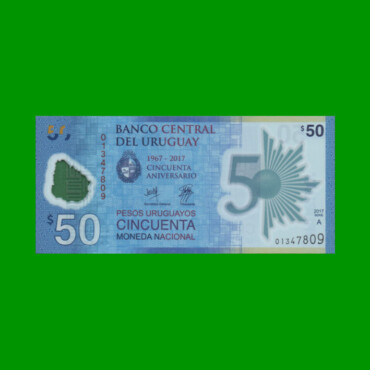 BILLETE DE URUGUAY $50,00 CONMEMORATIVO, POLYMERO PICK 100, ESTADO SIN CIRCULAR.-