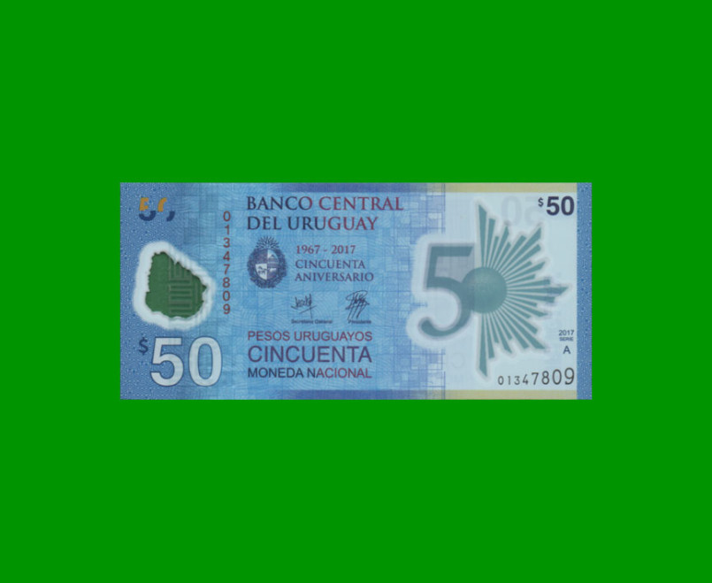 BILLETE DE URUGUAY $50,00 CONMEMORATIVO, POLYMERO PICK 100, ESTADO SIN CIRCULAR.-