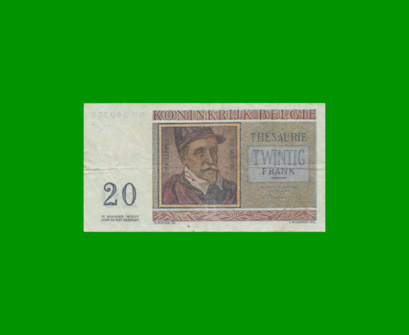 BILLETE DE BELGICA 20 FRANCOS, PICK 132b AÑO 1956 ESTADO MUY BUENO- .-