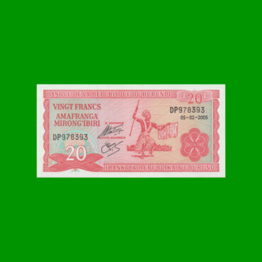 BILLETE DE BURUNDI 20 FRANCOS, PICK 27d, AÑO 2005 ESTADO SIN CIRCULAR.-