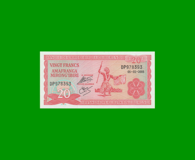 BILLETE DE BURUNDI 20 FRANCOS, PICK 27d, AÑO 2005 ESTADO SIN CIRCULAR.-