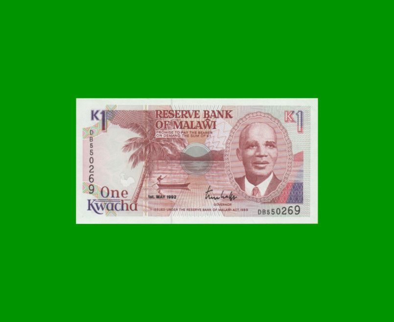 BILLETE DE MALAWI 1 KWACHA, PICK 23b, AÑO 1992 ESTADO SIN CIRCULAR.-