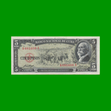 BILLETE DE CUBA $5,00 PICK 91a, AÑO 1958, ESTADO MUY BUENO+.-