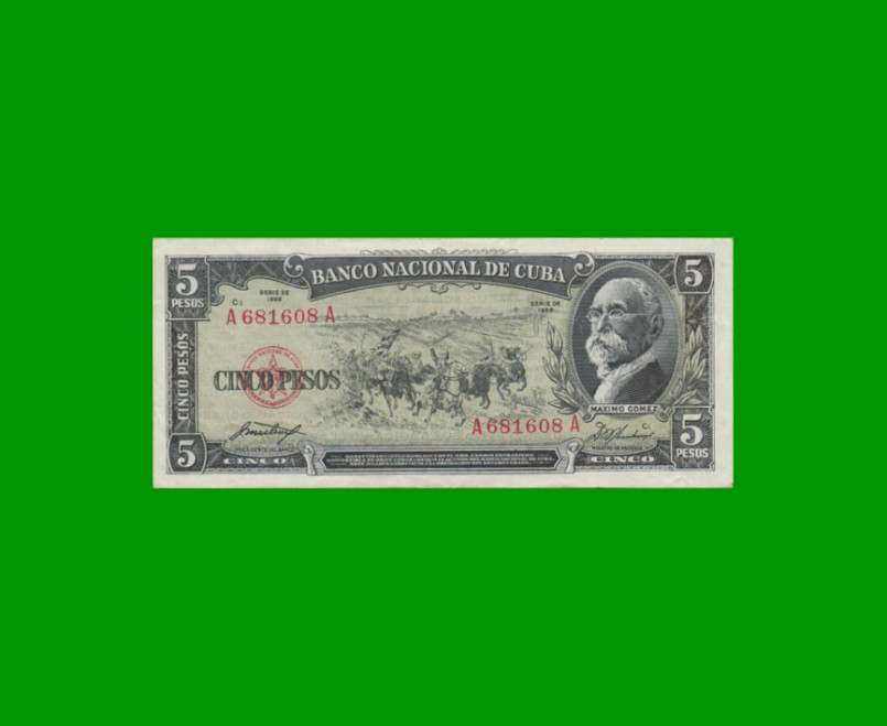 BILLETE DE CUBA $5,00 PICK 91a, AÑO 1958, ESTADO MUY BUENO+.-