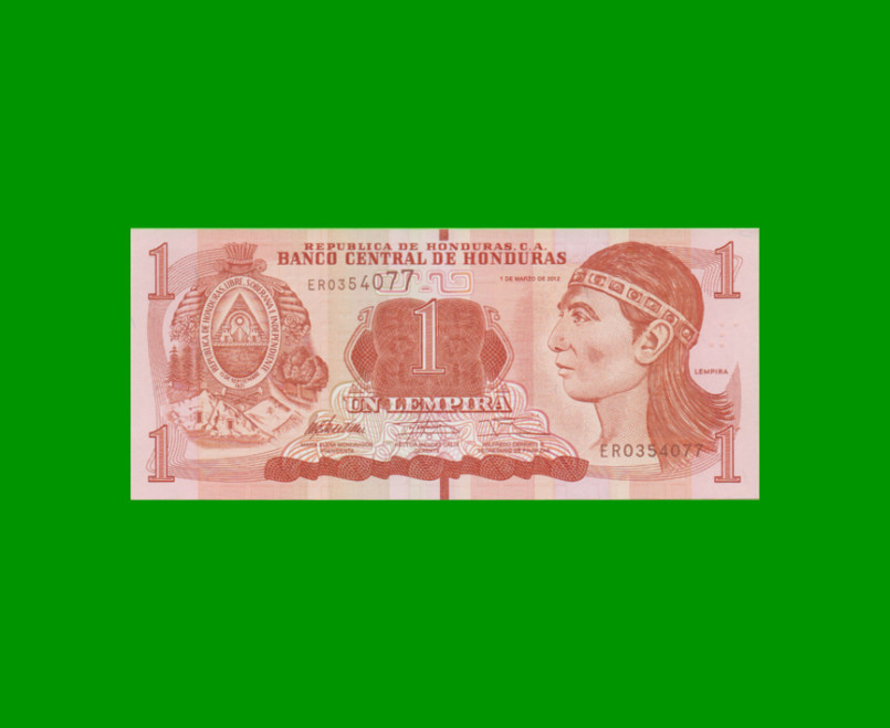 BILLETE DE HONDURAS 1 LEMPIRA, PICK 96, AÑO 2012 ESTADO SIN CIRCULAR.-