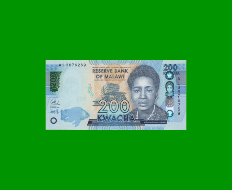 BILLETE DE MALAWI 200 KWACHA, PICK 60c, AÑO 2016 ESTADO SIN CIRCULAR.-