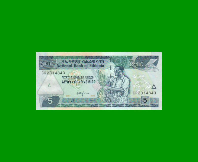 BILLETE DE ETHIOPIA 5 BIRR, PICK 47g, AÑO 2015, ESTADO SIN CIRCULAR.-