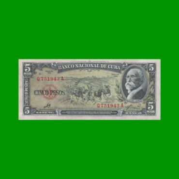 BILLETE DE CUBA $5,00 PICK 91c, AÑO 1960, ESTADO EXCELENTE+.-