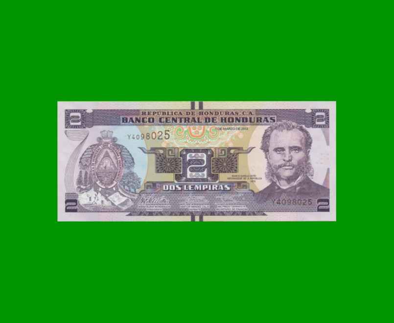 BILLETE DE HONDURAS 2 LEMPIRAS, PICK 97, AÑO 2012 ESTADO SIN CIRCULAR.-