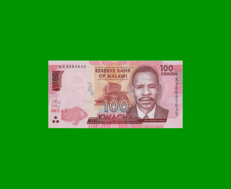 BILLETE DE MALAWI 100 KWACHA, PICK 65b, AÑO 2016 ESTADO SIN CIRCULAR.-