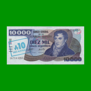 PESOS ARGENTINOS $10.000,00 RESELLADO A 10 AUSTRALES, BOT 2713, AÑO 1985, ESTADO EXCELENTE+.-