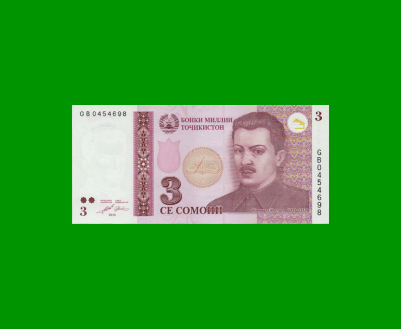 BILLETE DE TAJIKISTAN 3 SOMONI, PICK 20, AÑO 2010, ESTADO SIN CIRCULAR.-