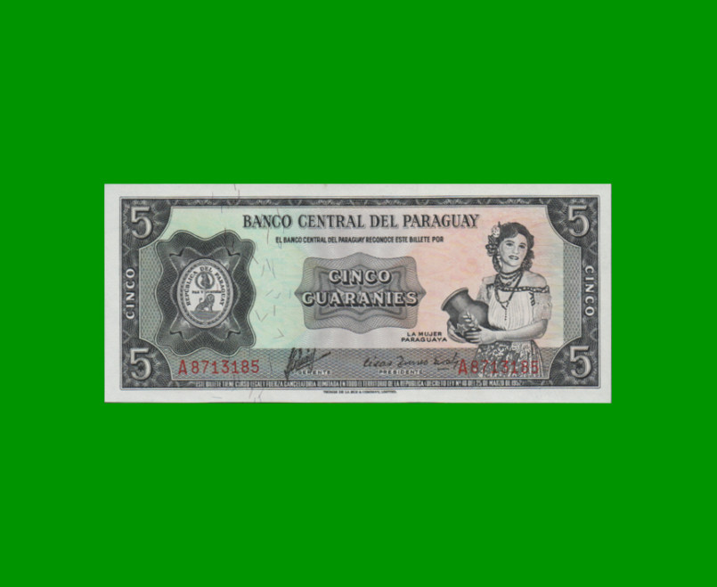 BILLETE DE PARAGUAY 5 GUARANIES, PICK 195a, ESTADO SIN CIRCULAR.-