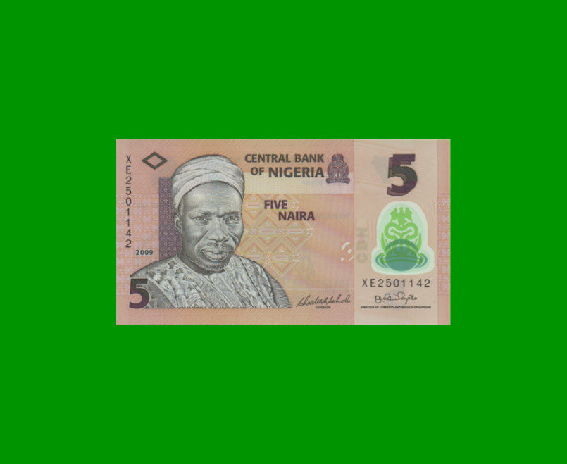 BILLETE DE NIGERIA 5 NAIRA, POLYMERO, PICK 38b, AÑO 2009 ESTADO SIN CIRCULAR.-