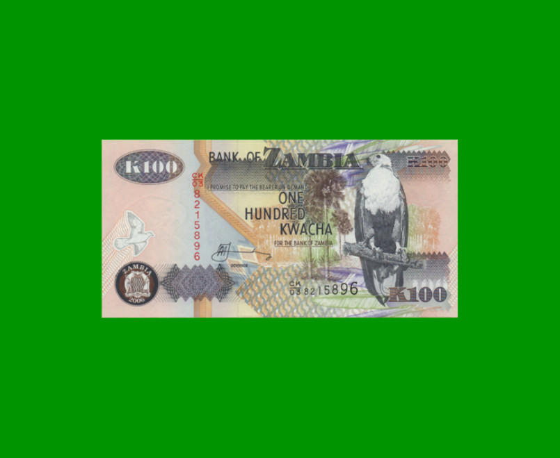 BILLETE DE ZAMBIA 100 KWACHA, PICK 38f, AÑO 2006, ESTADO SIN CIRCULAR.-