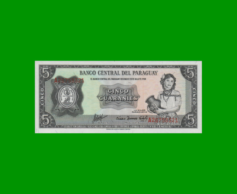 BILLETE DE PARAGUAY 5 GUARANIES, PICK 195b, ESTADO SIN CIRCULAR.-