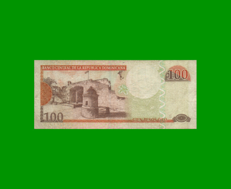 BILLETE DE REPUBLICA DOMINICANA $100,00 ORO PICK 177c, AÑO 2010 ESTADO BUENO+.- - Imagen 2