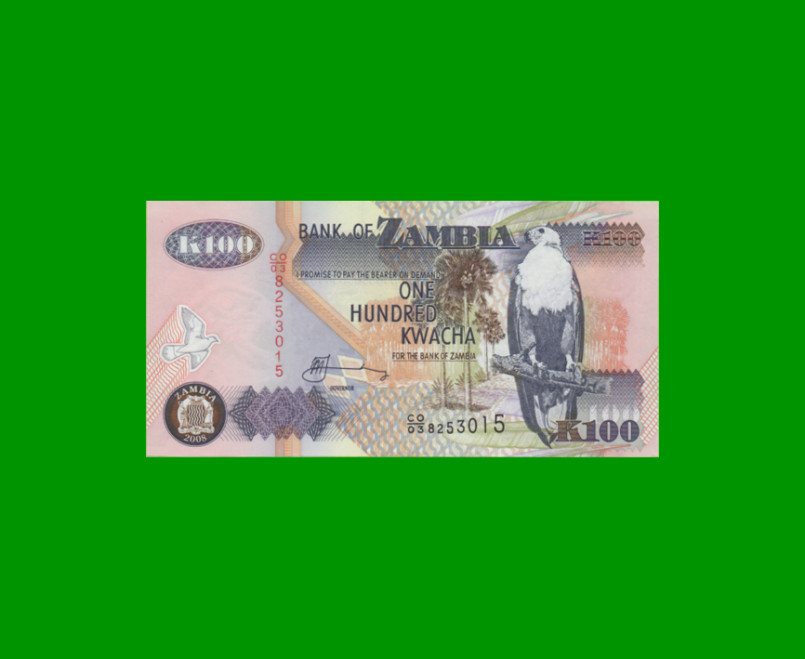 BILLETE DE ZAMBIA 100 KWACHA, PICK 38g, AÑO 2008, ESTADO SIN CIRCULAR.-