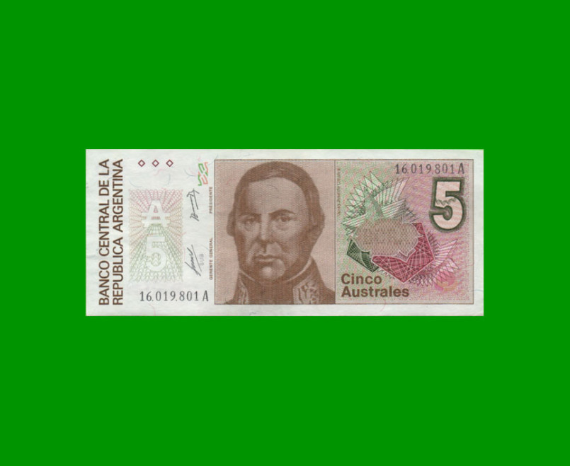 BILLETE DE AUTRALES, 5 AUSTRALES, BOT 2811, AÑO 1986, ESTADO EXCELENTE.-