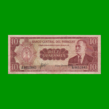 BILLETE DE PARAGUAY 10 GUARANIES, PICK 196a, ESTADO MUY BUENO- .-