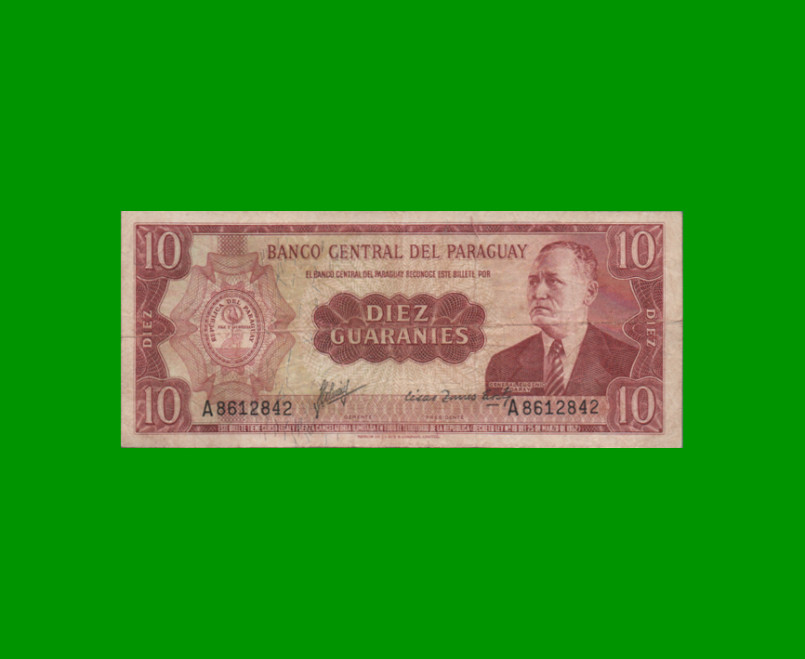 BILLETE DE PARAGUAY 10 GUARANIES, PICK 196a, ESTADO MUY BUENO- .-