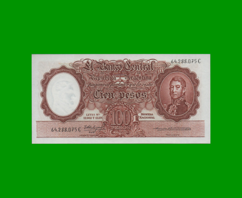 MONEDA NACIONAL $100,00, BOT 2065, AÑO 1963, ESTADO SIN CIRCULACION.-