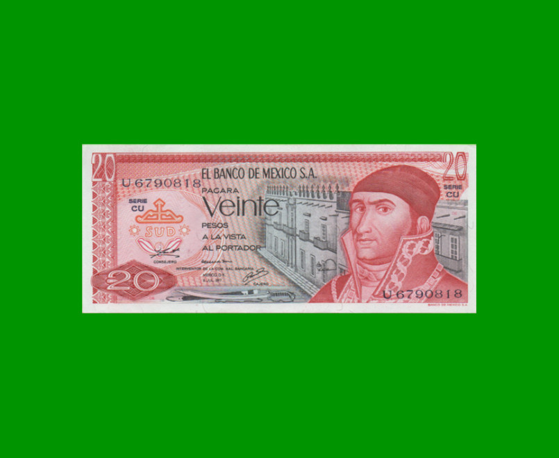 BILLETE DE MEXICO $20,00 PICK 64d, AÑO 1977, ESTADO SIN CIRCULAR.-