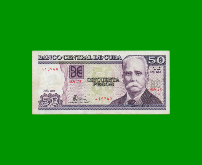 BILLETE DE CUBA $50,00 PICK 123e, AÑO 2008, ESTADO MUY BUENO+.-