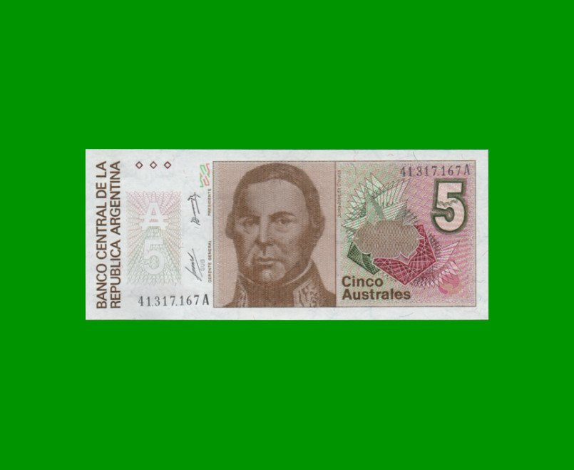 BILLETE DE AUSTRALES, 5 AUSTRALES, BOT 2811, AÑO 1986, ESTADO SIN CIRCULAR.-