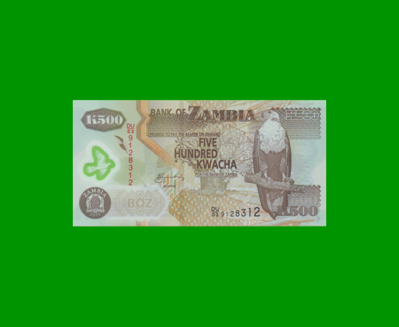 BILLETE DE ZAMBIA 500 KWACHA, POLYMERO, PICK 43h, AÑO 2011, ESTADO SIN CIRCULAR.-