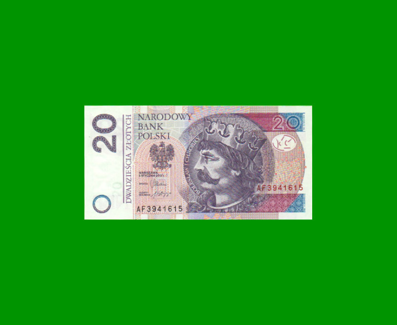 BILLETE DE POLONIA 20 ZLOTYCH, PICK 184, AÑO 2012, ESTADO SIN CIRCULAR.-