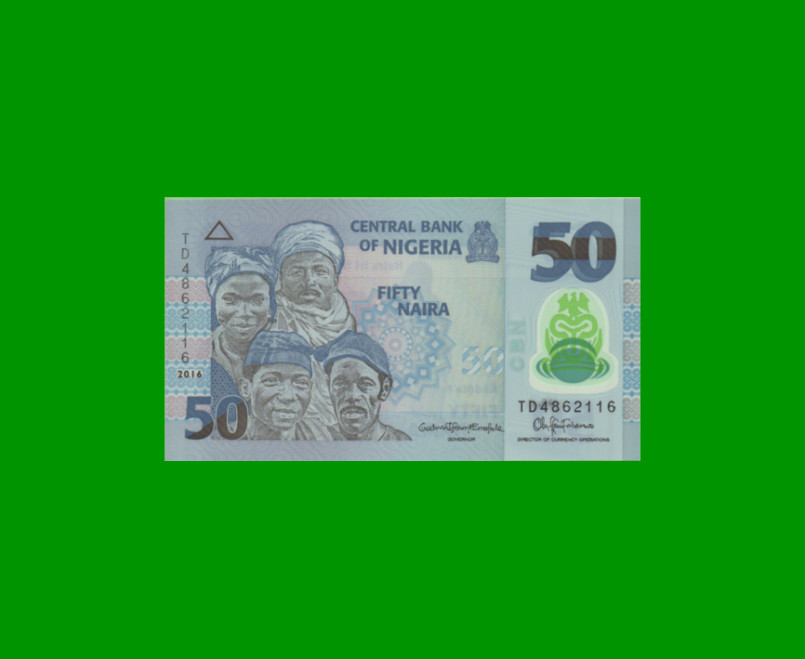 BILLETE DE NIGERIA 50 NAIRA, POLYMERO, PICK 40f, AÑO 2016 ESTADO SIN CIRCULAR.-