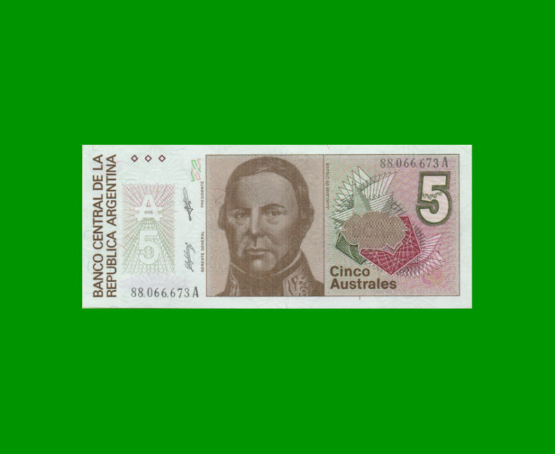 BILLETE DE AUSTRALES, 5 AUSTRALES, BOT 2815, AÑO 1988, ESTADO SIN CIRCULAR.-