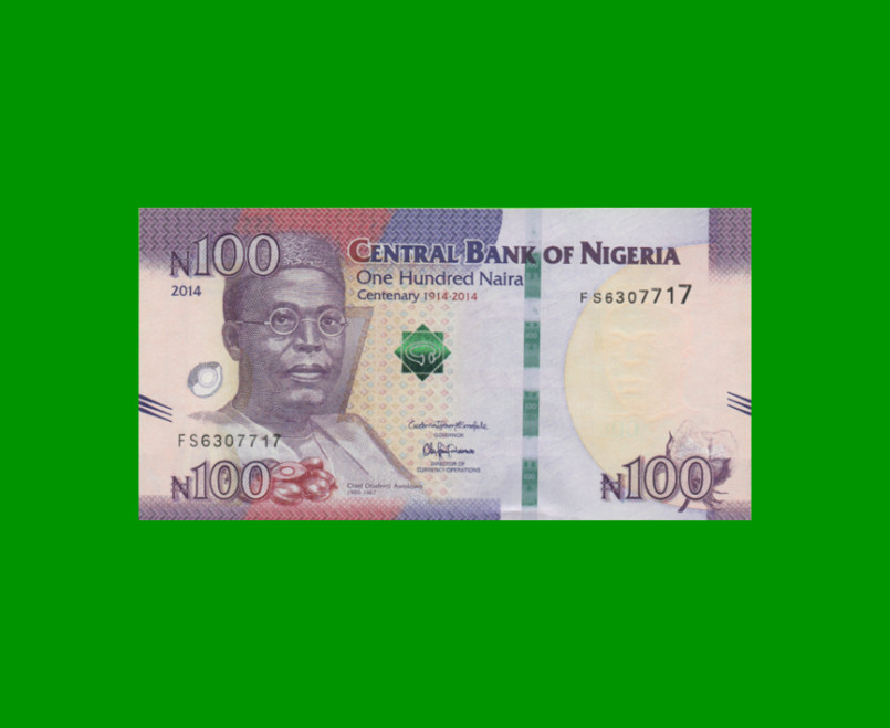 BILLETE DE NIGERIA 100 NAIRA, CONMEMORATIVO PICK 41a, AÑO 2014 ESTADO SIN CIRCULAR.-