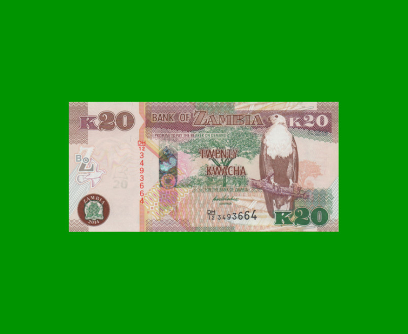 BILLETE DE ZAMBIA 20 KWACHA, PICK 52c, AÑO 2014, ESTADO SIN CIRCULAR.-