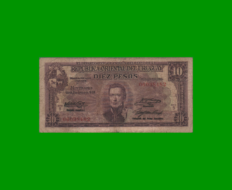 BILLETE DE URUGUAY $10,00, PICK 37b, SERIE B, ESTADO BUENO.-