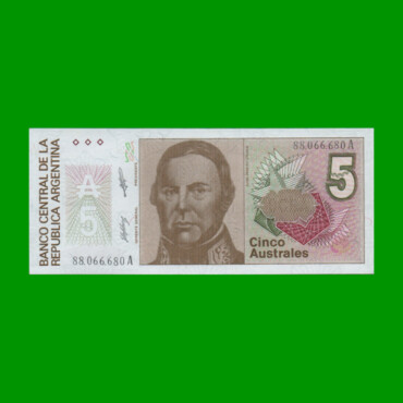 BILLETE DE AUSTRALES, 5 AUSTRALES, BOT 2816, AÑO 1989, ESTADO SIN CIRCULAR.-