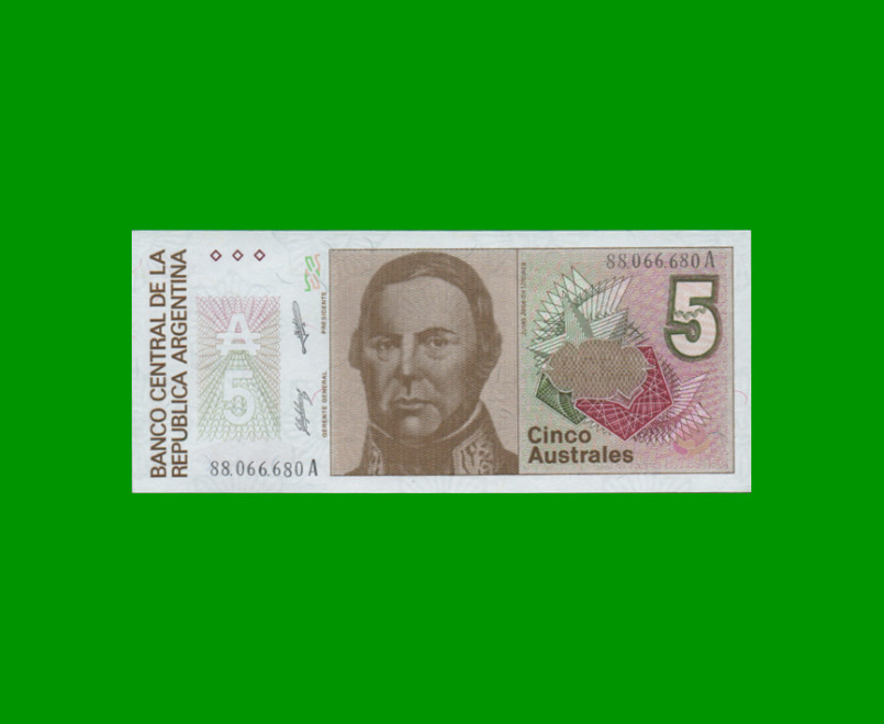 BILLETE DE AUSTRALES, 5 AUSTRALES, BOT 2816, AÑO 1989, ESTADO SIN CIRCULAR.-