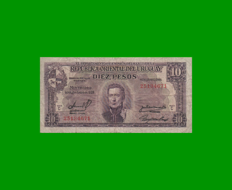 BILLETE DE URUGUAY $10,00, PICK 37c, SERIE C, ESTADO BUENO+.-