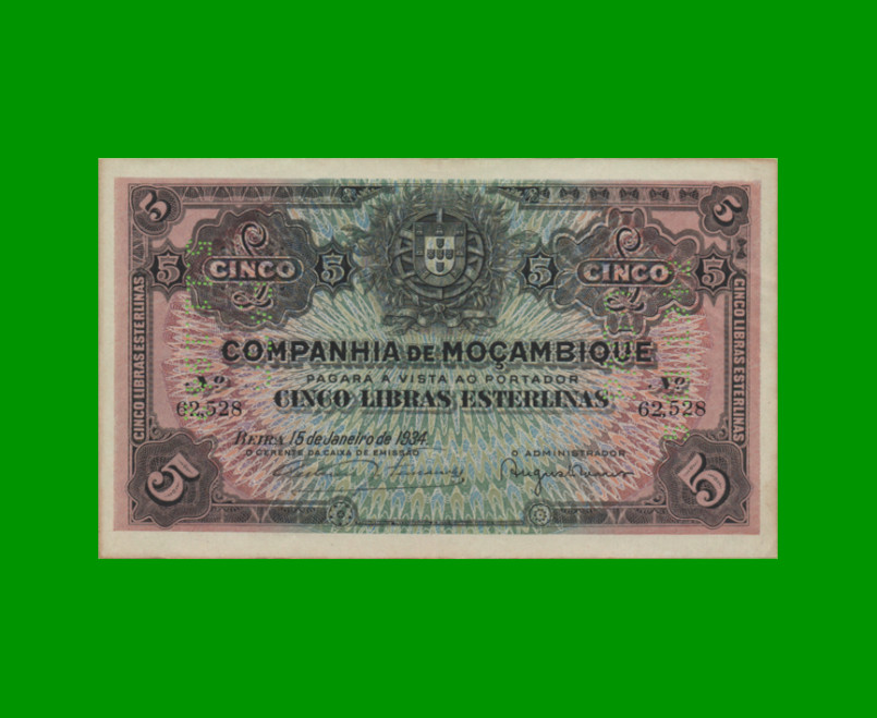 BILLETE DE MOZAMBIQUE 5 LIBRAS ESTERLINAS, PICK R32, AÑO 1934 ESTADO MUY BUENO.-